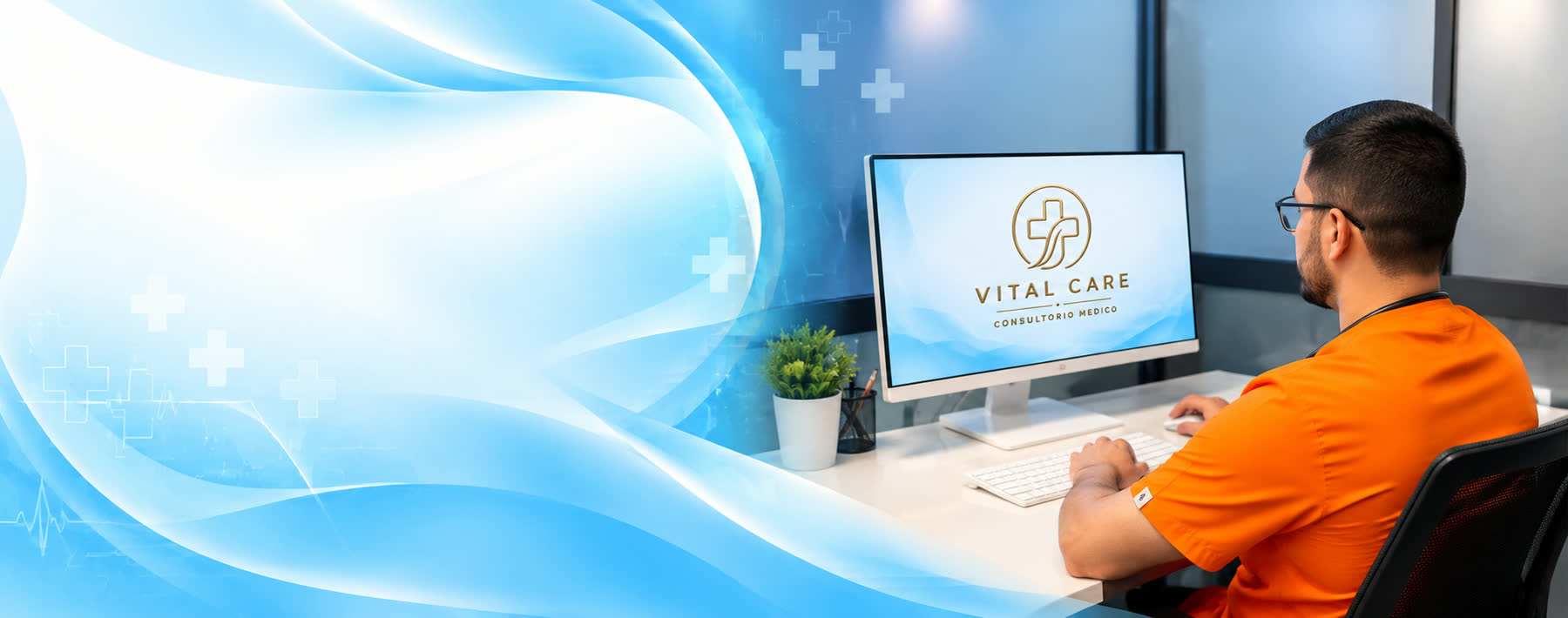 Profesional de la salud de Vital Care atendiendo frente a su computador, con el logo de la clínica en la pantalla